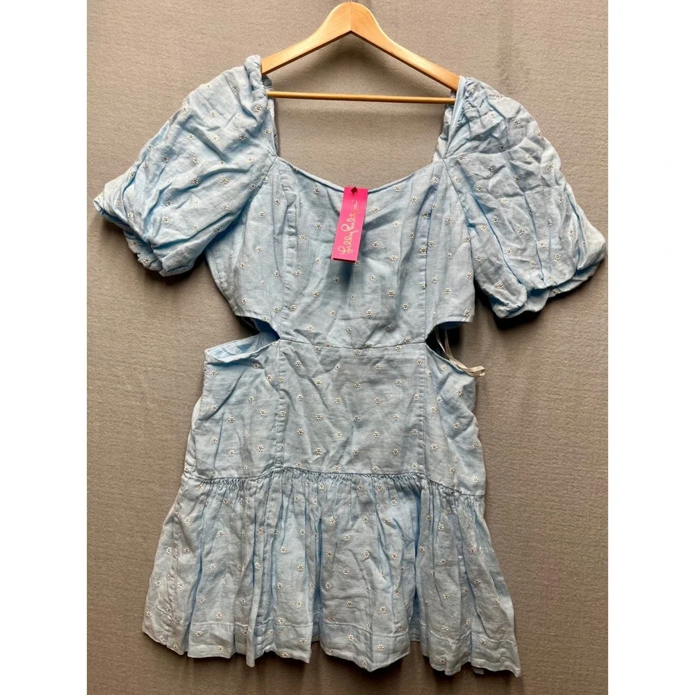 Lilly Pulitzer Kylannd Embroidered Linen Cut-Out Dress Hydra Blue Daisy 16 NEW